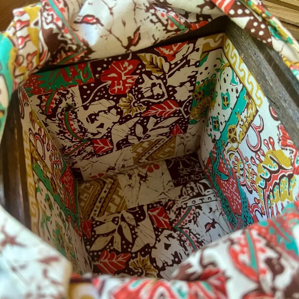 Handmade Wood Crate Basket Bag Box Purse Folk Art Patchwork Lined Rustic Decor